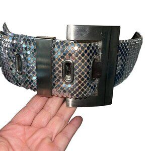 Vintage Womens Statement Belt Size Small Medium Silver Metal Mesh Discs Wide